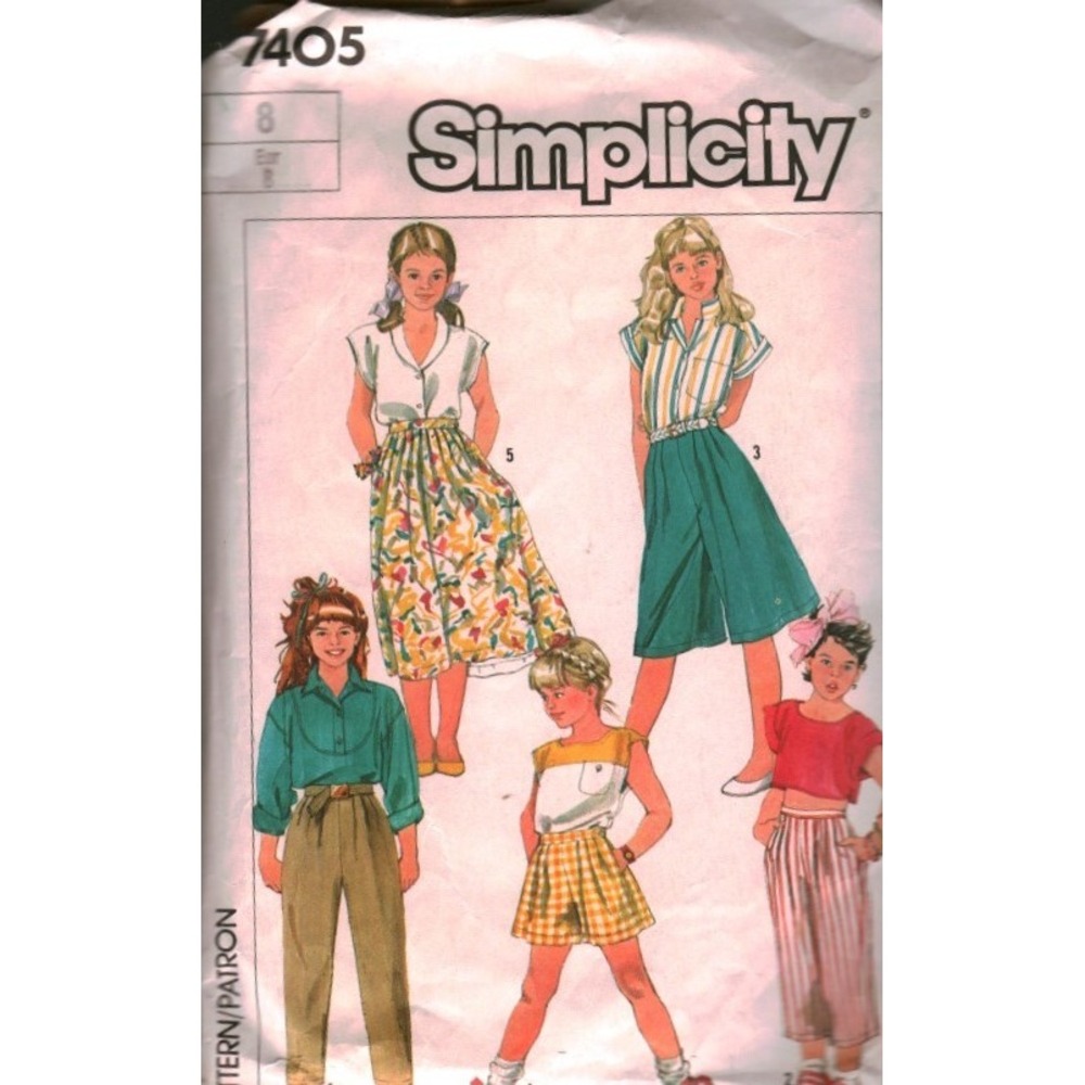 Simplicity 7405 Girls Pants Culottes Skirt Sewing Pattern Size 8 Vintage 1980s